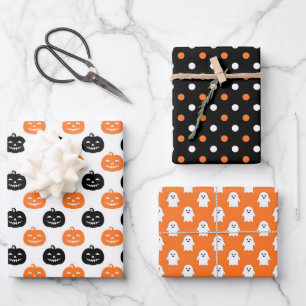 Feuille De Papier Cadeau Points Citrouilles Black Orange Ghost Halloween