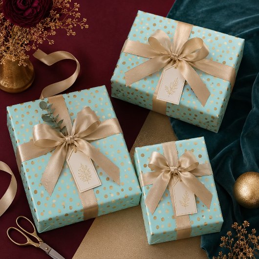 Feuille De Papier Cadeau Points dorés sur fond menthe