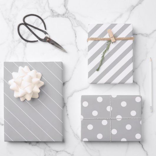 Feuille De Papier Cadeau Points gris clair et blanc Rayures Motif (Recto)