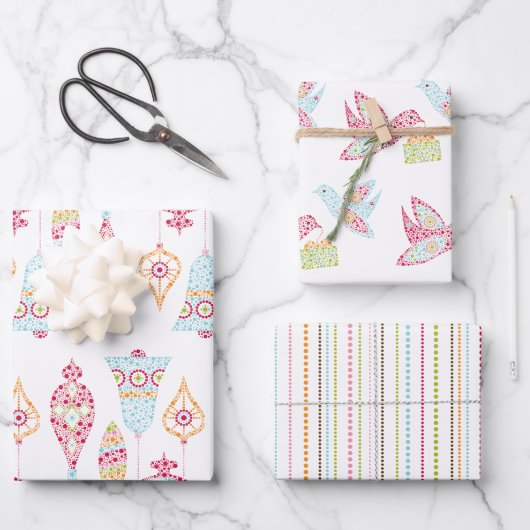 Feuille De Papier Cadeau Points rétro Oiseaux de Noël et ornements (Recto)