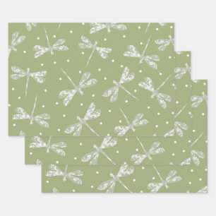 Feuille De Papier Cadeau Pois blancs et libellules vert olive