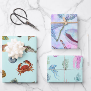 Feuille De Papier Cadeau Poisson, Coquillages, Crabe, Jellyfish