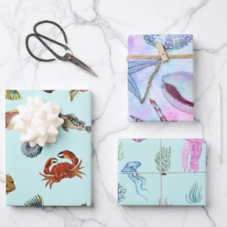 Feuille De Papier Cadeau Poisson, Coquillages, Crabe, Jellyfish