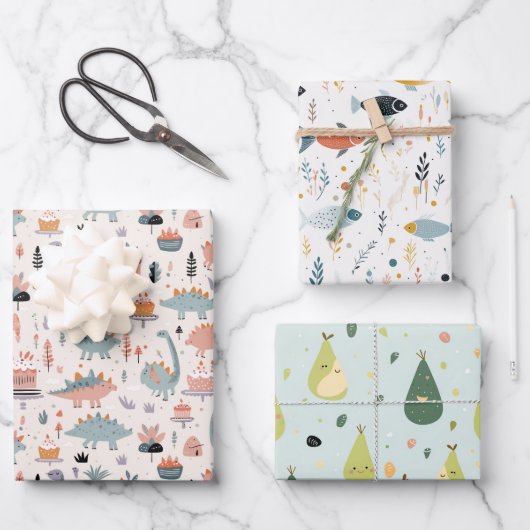 Feuille De Papier Cadeau Poisson, Dinos et Avo (Recto)