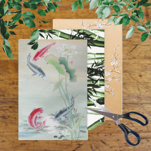 Feuille De Papier Cadeau Poisson Koi, Bambou, Fleur de prune