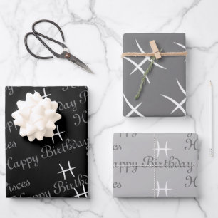 Feuille De Papier Cadeau Poissons Anniversaire Gris/Noir