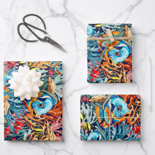 Feuille De Papier Cadeau Poissons Tropicaux Couleurs Vives Ambiance Été