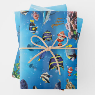 Feuille De Papier Cadeau Poissons tropicaux nageant Fond