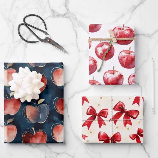 Feuille De Papier Cadeau Pommes Bleu Rouge (Recto)
