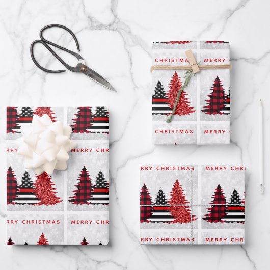 Feuille De Papier Cadeau Pompier Noël Red Line Plaid Parties scintillant Ar (Recto)