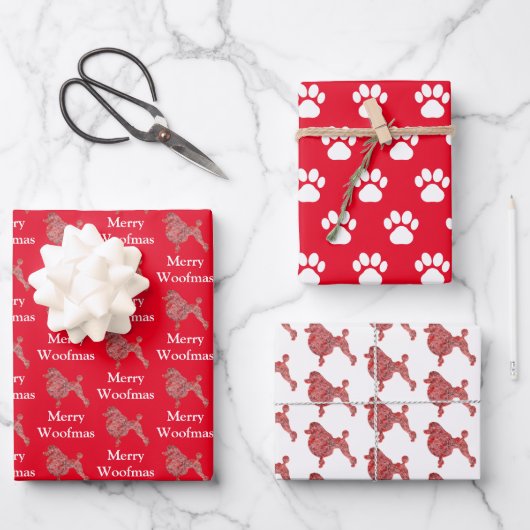 Feuille De Papier Cadeau Poodé Chien Cute Silhouette Rouge Joyeux Woofmas (Recto)
