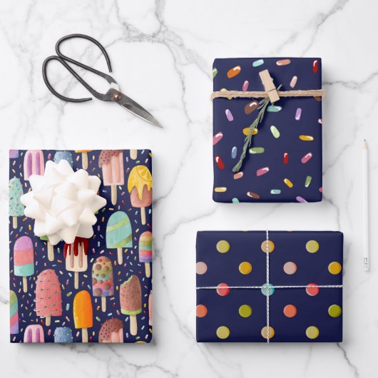Feuille De Papier Cadeau Popsicles arc-en-ciel Ensemble de 3 enveloppes cad (Recto)