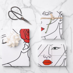 Feuille De Papier Cadeau Portrait d'art en ligne d'une femme avec Rose roug