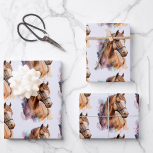 Feuille De Papier Cadeau Portrait de tête de cheval brun en motif aquarelle