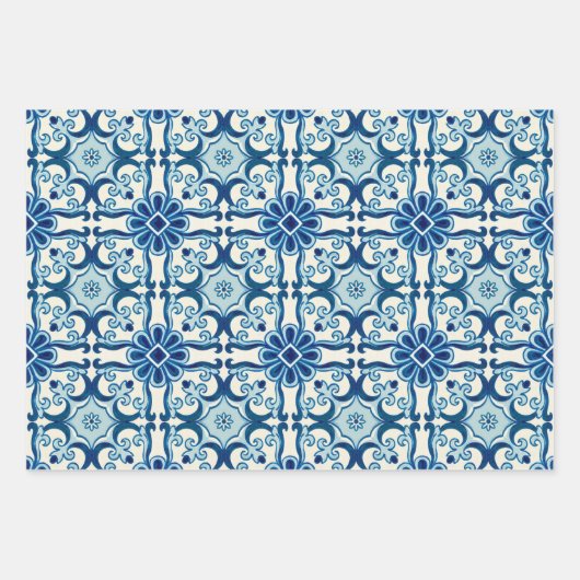 Feuille De Papier Cadeau Portugais Azulejos Blue Floral Motif (Devant 3)