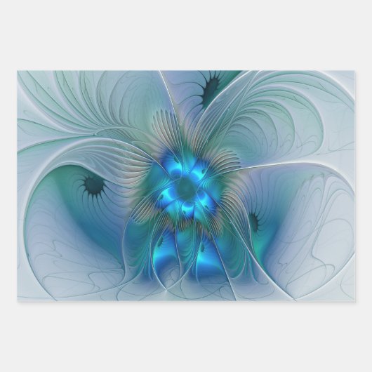 Feuille De Papier Cadeau Position, Abstrait bleu turquoise fractal (Devant 3)