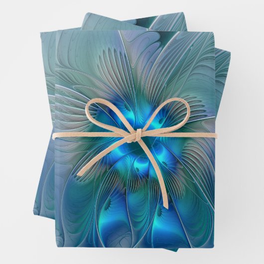 Feuille De Papier Cadeau Position, Abstrait bleu turquoise fractal (En situation)