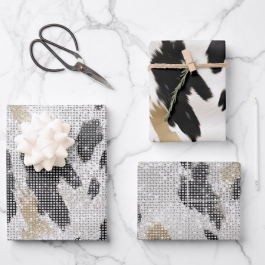 Feuille De Papier Cadeau Poster de animal de vache noire blanche en or (Recto)