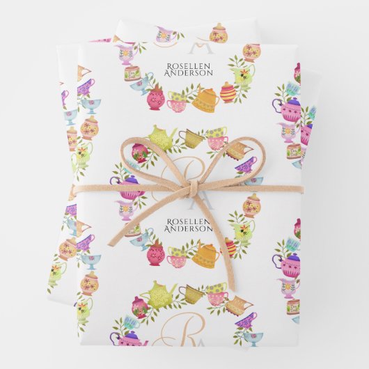 Feuille De Papier Cadeau Pots de thé et tasses Monogramme (En situation)