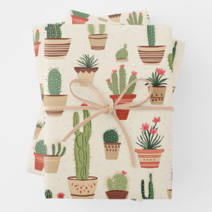 Feuille De Papier Cadeau Pots Plantes Cactus mignons Impression Carrelée