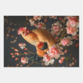 Feuille De Papier Cadeau Poulet entouré de fleurs roses Découpage (Devant)