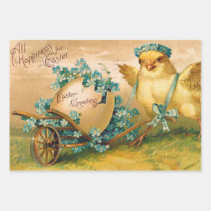 Feuille De Papier Cadeau Poulet vintage avec chariot d'oeufs de Pâques