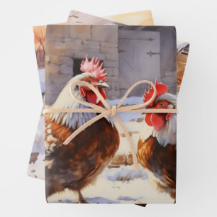 Feuille De Papier Cadeau Poulets dans la ferme à l'ancienne