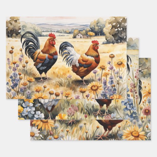 Feuille De Papier Cadeau Poulets et Fleurs sauvages (Lot)