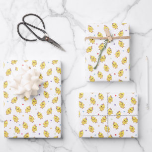 Feuille De Papier Cadeau Poussins Colorés Cœurs Kawaii