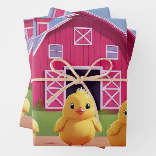 Feuille De Papier Cadeau Poussins dans la basse-cour Joyeux Printemps 