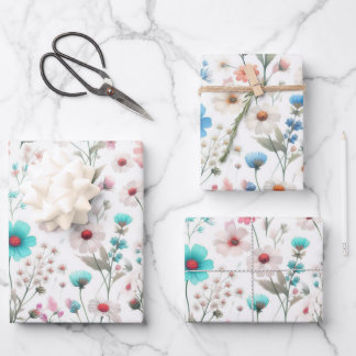 Feuille De Papier Cadeau Prairie de fleurs sauvages blanche, verte, bleue