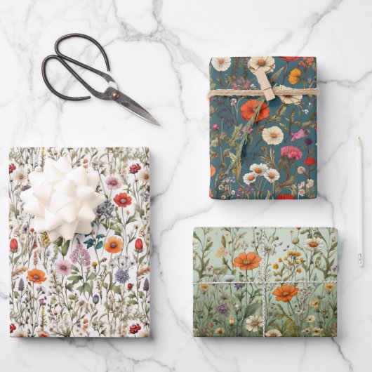 Feuille De Papier Cadeau Pré fleur sauvage blanc, vert, bleu arrière - plan (Recto)