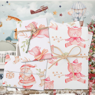 Feuille De Papier Cadeau Premier bébé de Noël Teddy Bear Red Fox & Père Noë