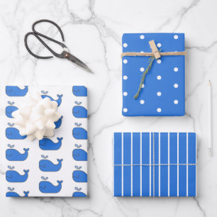 Feuille De Papier Cadeau Preppy Blue Whales Pois et bandes