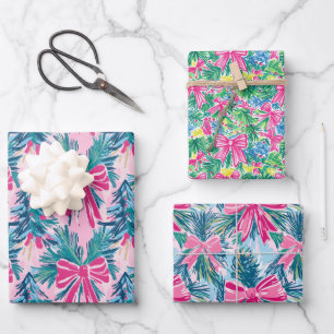 Feuille De Papier Cadeau Préppy Pink Bows et Garland Christmas