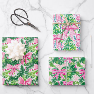 Feuille De Papier Cadeau Préppy Pink Bows et Garland Christmas