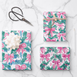 Feuille De Papier Cadeau Préppy Pink Bows et Garland Christmas
