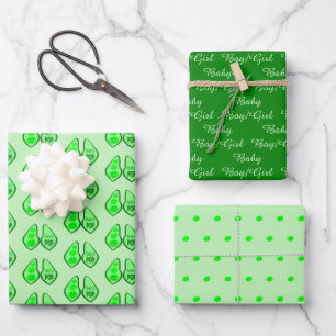 Feuille De Papier Cadeau Prêt à couper le Baby shower de pois verts