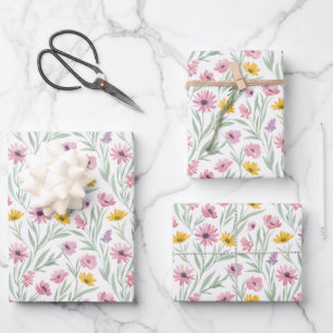Feuille De Papier Cadeau Printemps Été Jaune Rose Violet Floral Aquarelle