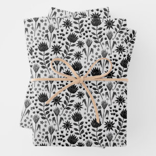 Feuille De Papier Cadeau Protea Floral Block Imprimer Millefleur noir blanc