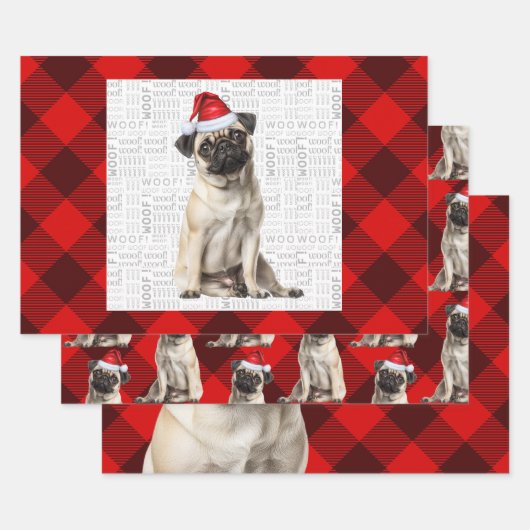 Feuille De Papier Cadeau Pug Christmas Dog Red Buffalo Plaid (Lot)