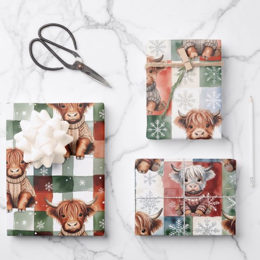 Feuille De Papier Cadeau Pull de Noël pour vache des Highlands Rouge Vert F (Recto)