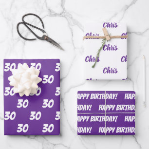 Feuille De Papier Cadeau Purple 30e anniversaire heureux Nom personnalisé