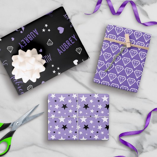 Feuille De Papier Cadeau Purple Black Diamonds Hearts Stars Ajouter un nom