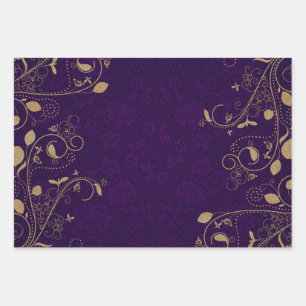 Feuille De Papier Cadeau Purple royal foncé avec défilement d'or