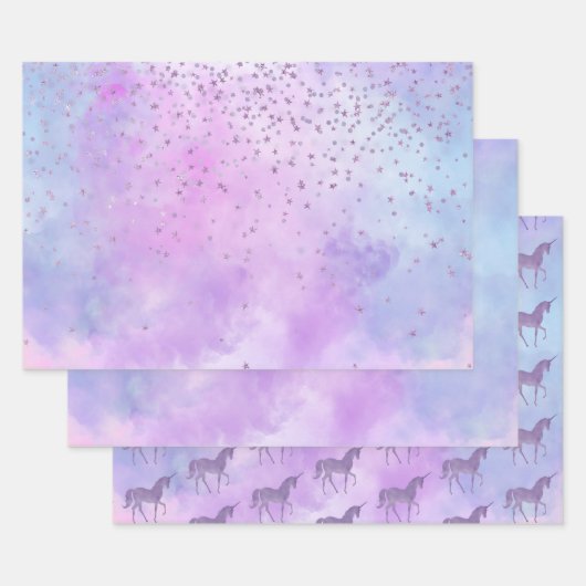 Feuille De Papier Cadeau Purple Stars Confetti Aquarelle Unicorne (Lot)