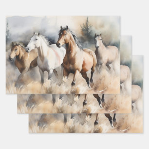 Feuille De Papier Cadeau "Quatre Mustangs sauvages" Aquarelle occidentale D
