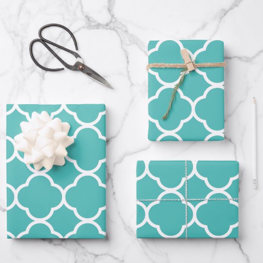 Feuille De Papier Cadeau Quatrefoil Motifs Turquoise en latex blanc Noël (Recto)