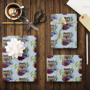 Feuille De Papier Cadeau Quokka Happy Australie Florale Bleu