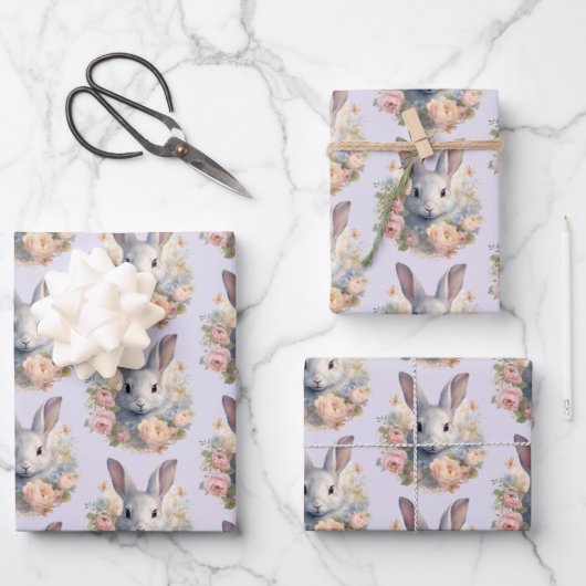 Feuille De Papier Cadeau Rabbit Surrounded by Pastel Flowers Cute Pattern (Recto)